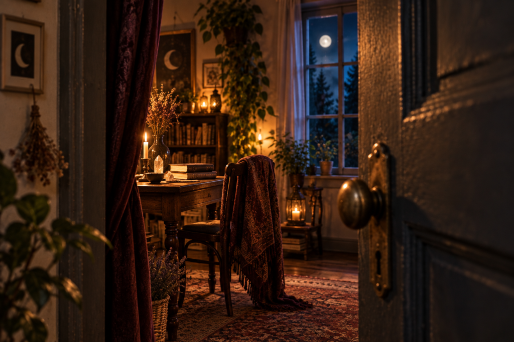 Una porta socchiusa su una stanza illuminata nella notte